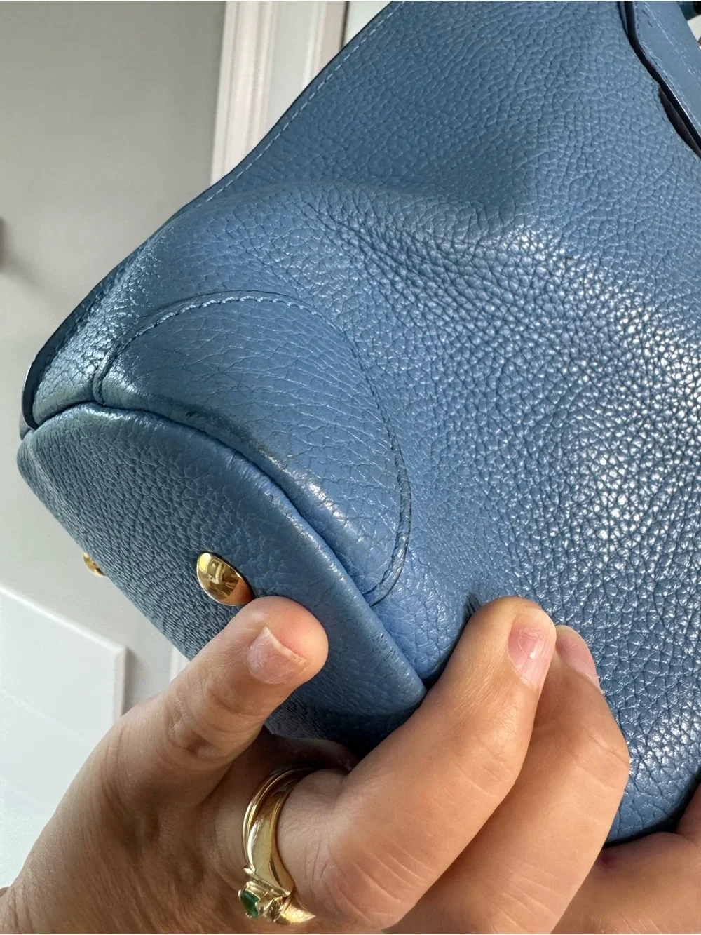 MCM Blue Leather Top-Handle Satchel with Gold Hardware